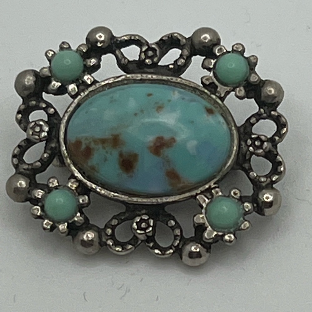 Vintage Faux Turquoise Filigree Silvertone Brooch Pin